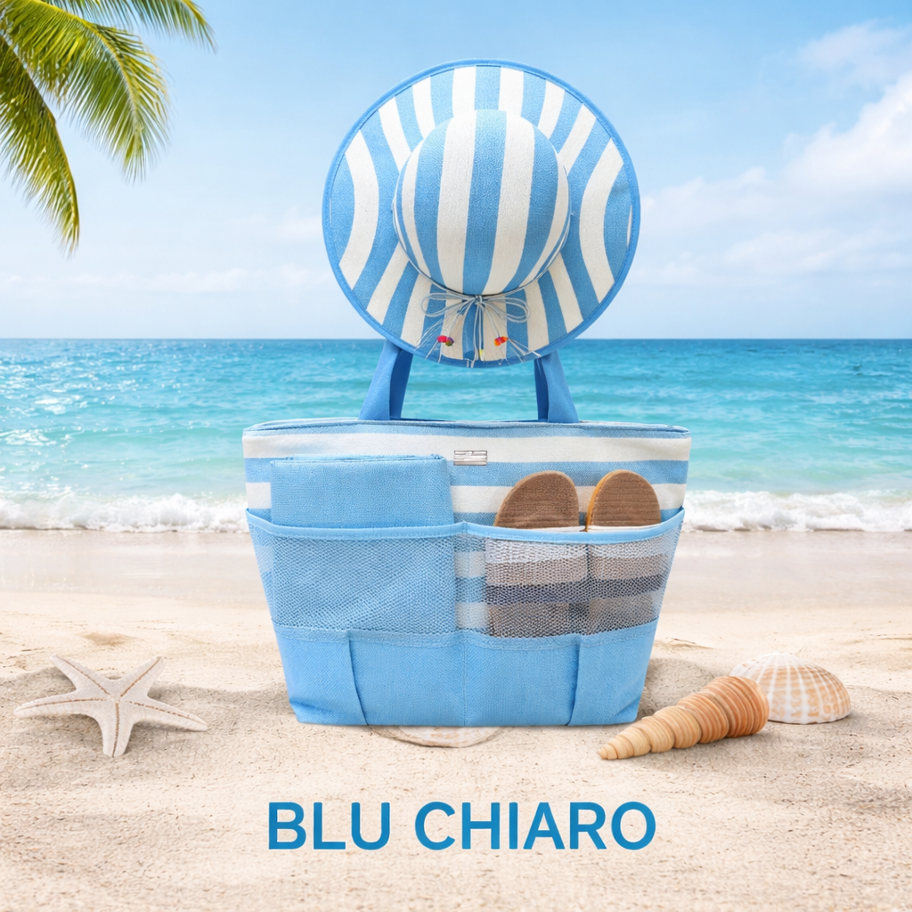 Baci&Abbracci Set 4 pezzi cappello borsa stuoia (71x100) e ciabatte (40-41)