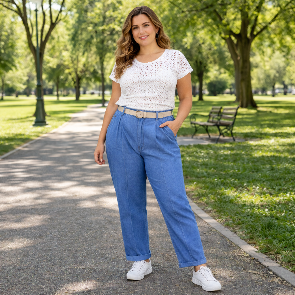 Pantaloni Denim Curvy con piega frontale lungo la gamba