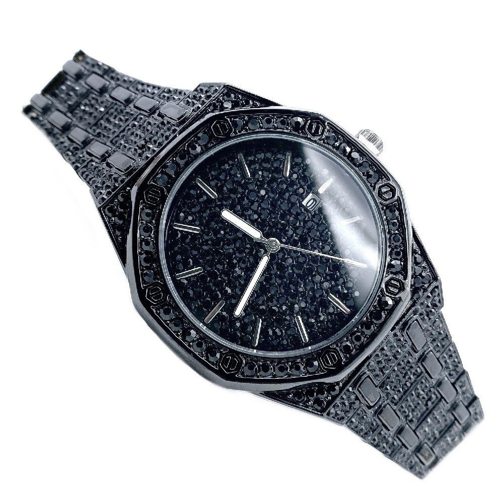 OROLOGIO DA POLSO ACCIAIO STRASS ANALOGICO BRILLANTINI CALENDARIO ELEGANTE NERO
