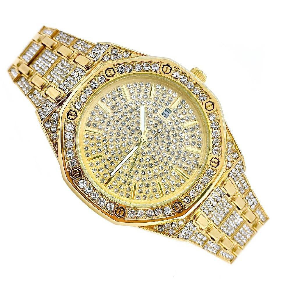 OROLOGIO POLSO ACCIAIO STRASS BRILLANTINI ANALOGICO CALENDARIO ELEGANTE DORATO