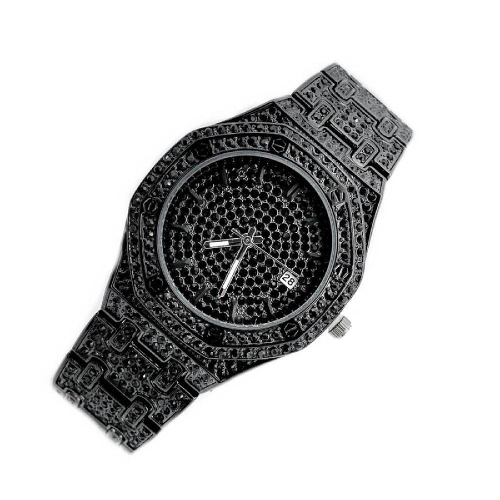 OROLOGIO POLSO ZCC OCTAGON QUARZO ACCIAIO MODA BRILLANTINI DATA ANALOGICO NERO