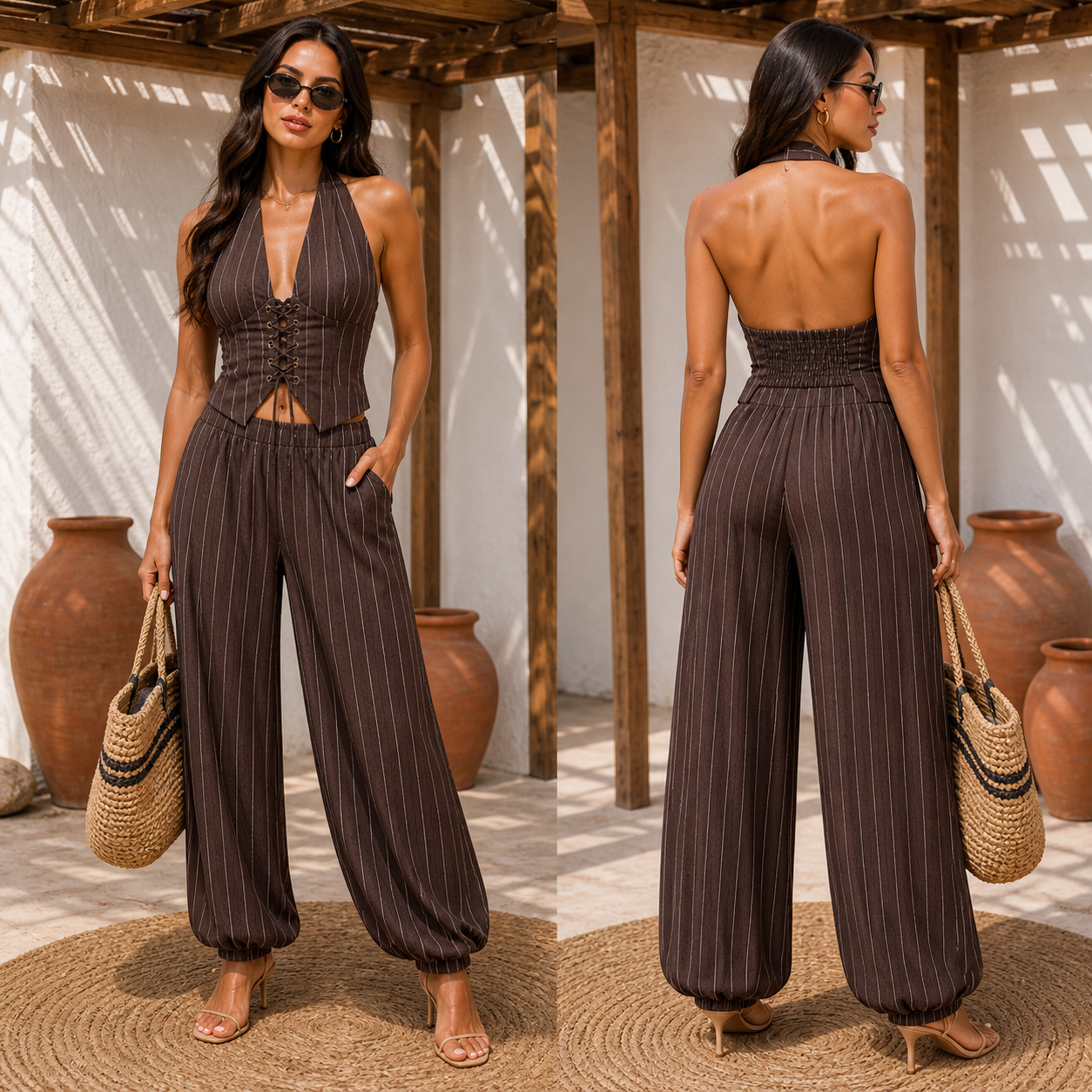 Completo Gessato Chic Halter con Scollatura Profonda