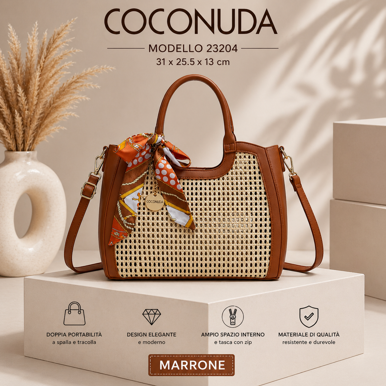 Borsa Donna COCONUDA a Mano e Tracolla con Foulard