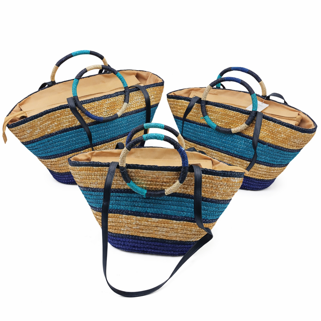 Borsa Mare in Paglia Intrecciata Set 3 Pezzi con Manici Tondi e Tracolla