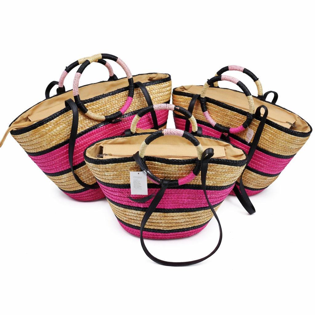 Borsa Mare in Paglia Intrecciata Set 3 Pezzi con Manici Tondi e Tracolla