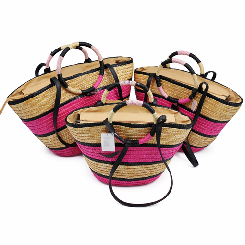 Borsa Mare in Paglia Intrecciata Set 3 Pezzi con Manici Tondi e Tracolla