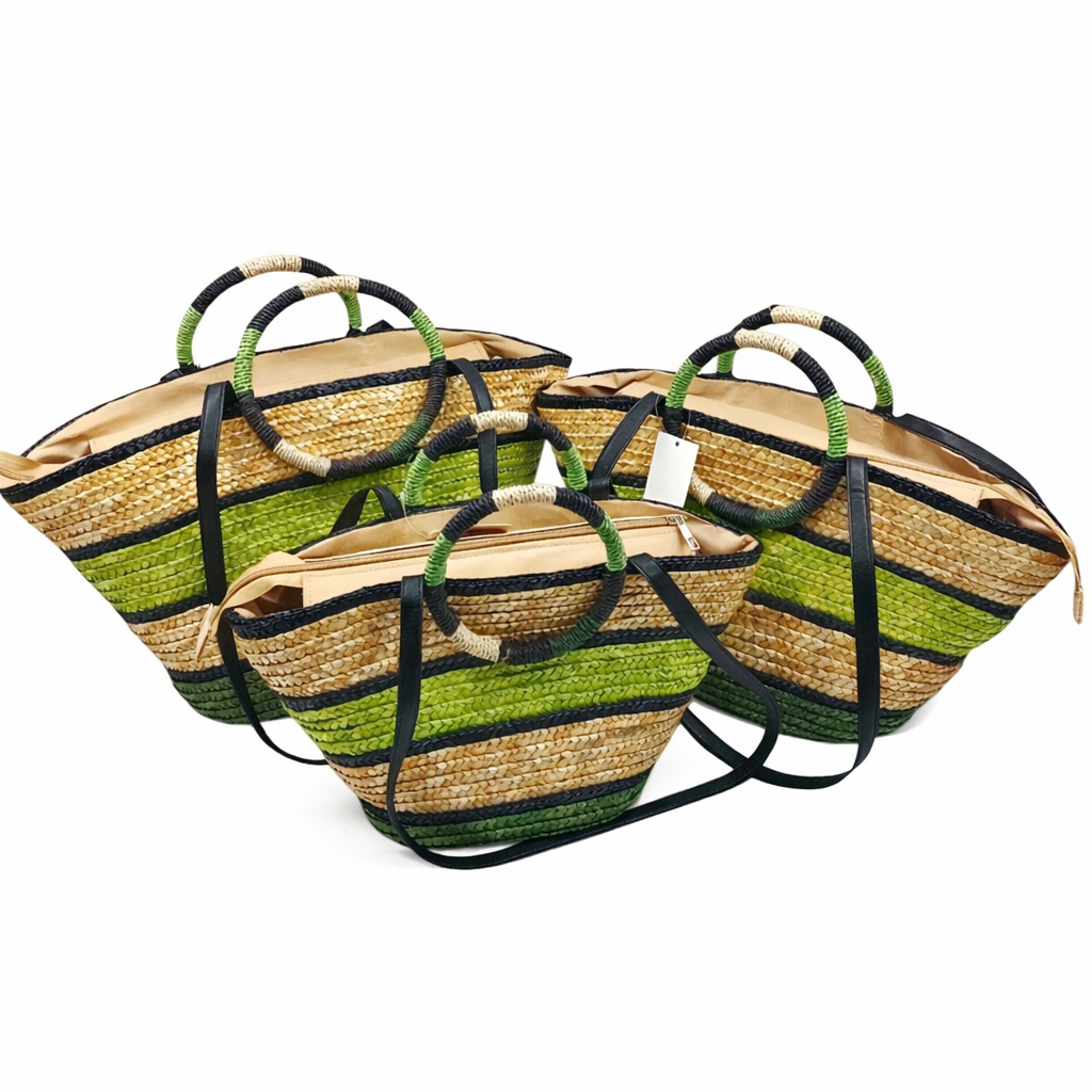 Borsa Mare in Paglia Intrecciata Set 3 Pezzi con Manici Tondi e Tracolla