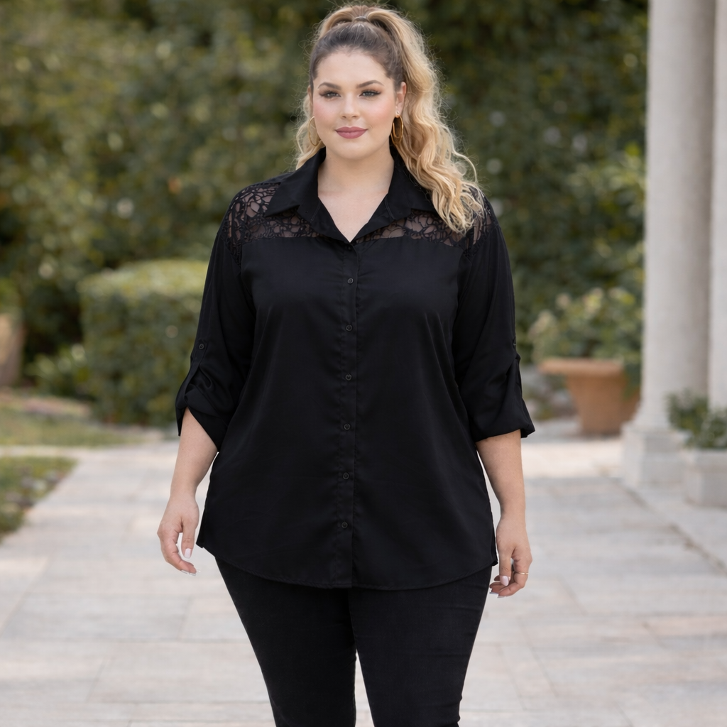 Camicia Curvy in raso con pizzo