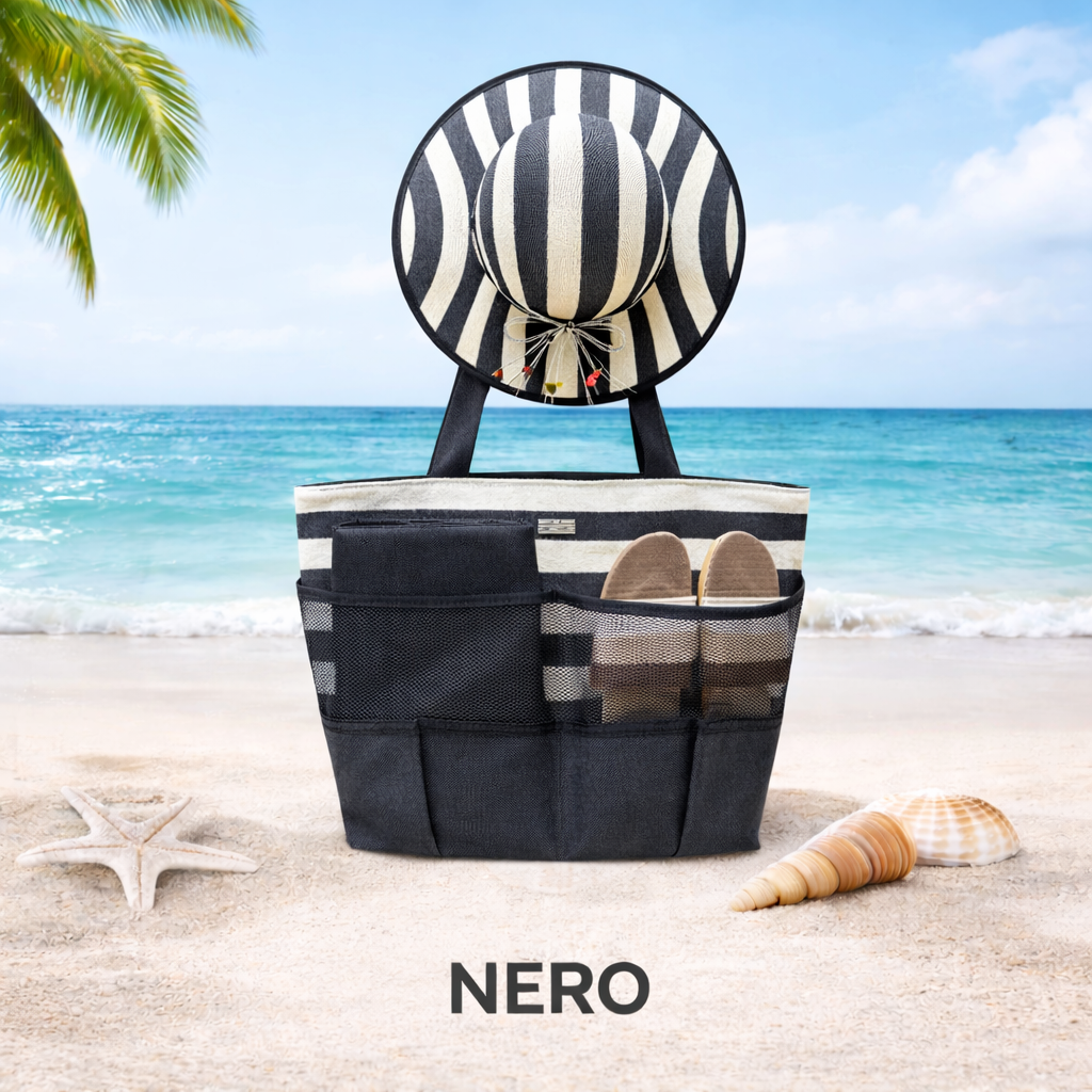Baci&Abbracci Set 4 pezzi cappello borsa stuoia (71x100) e ciabatte (40-41)