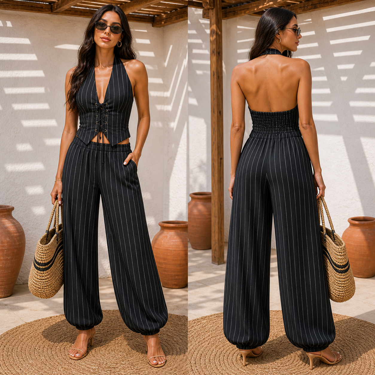 Completo Gessato Chic Halter con Scollatura Profonda