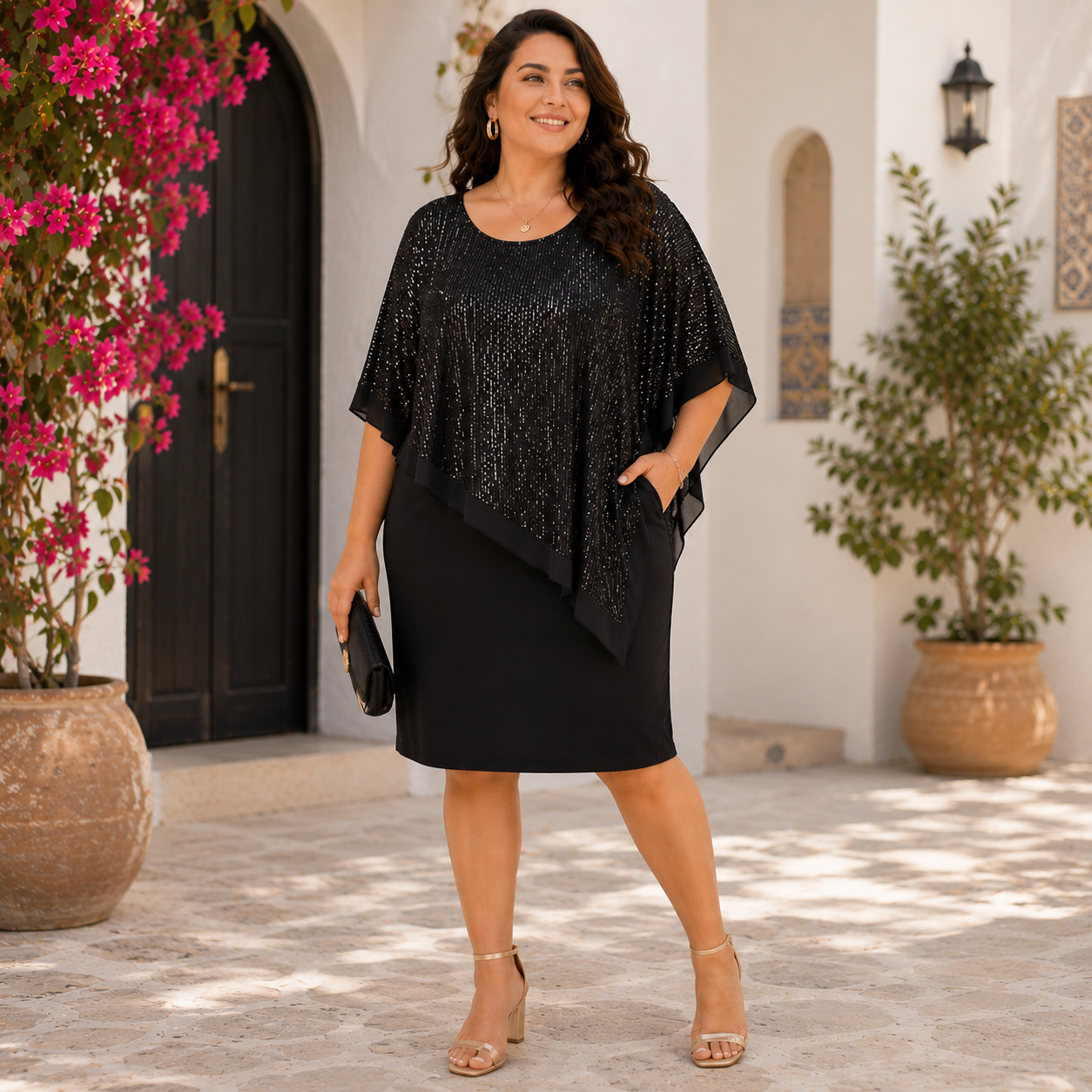 Abito da Cerimonia Donna Curvy con Effetto Glitter
