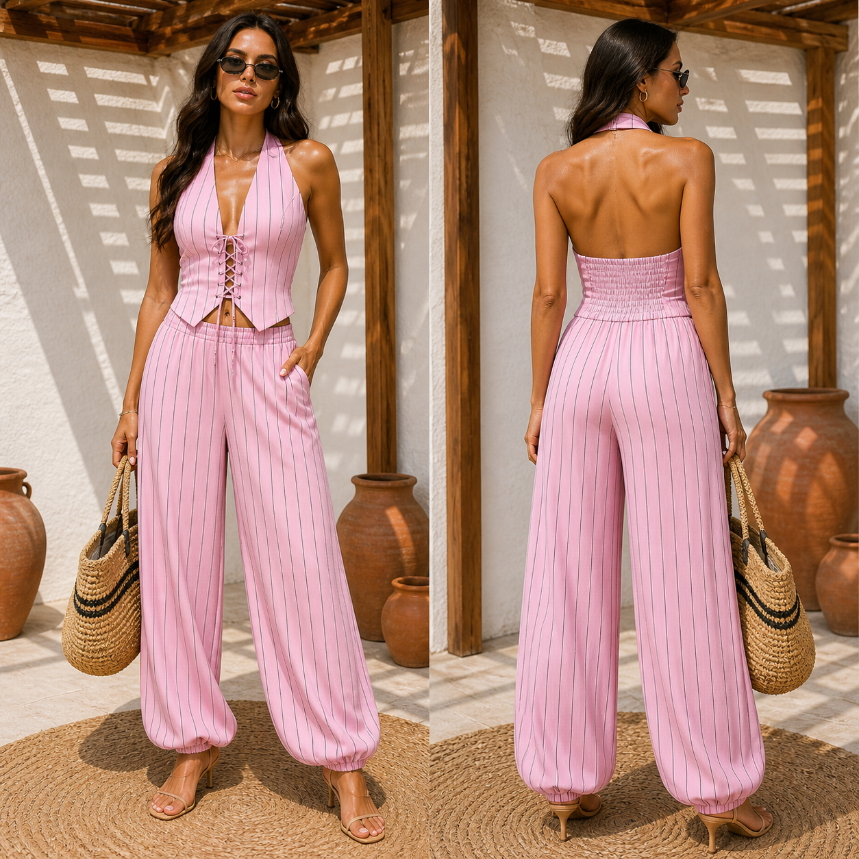 Completo Gessato Chic Halter con Scollatura Profonda
