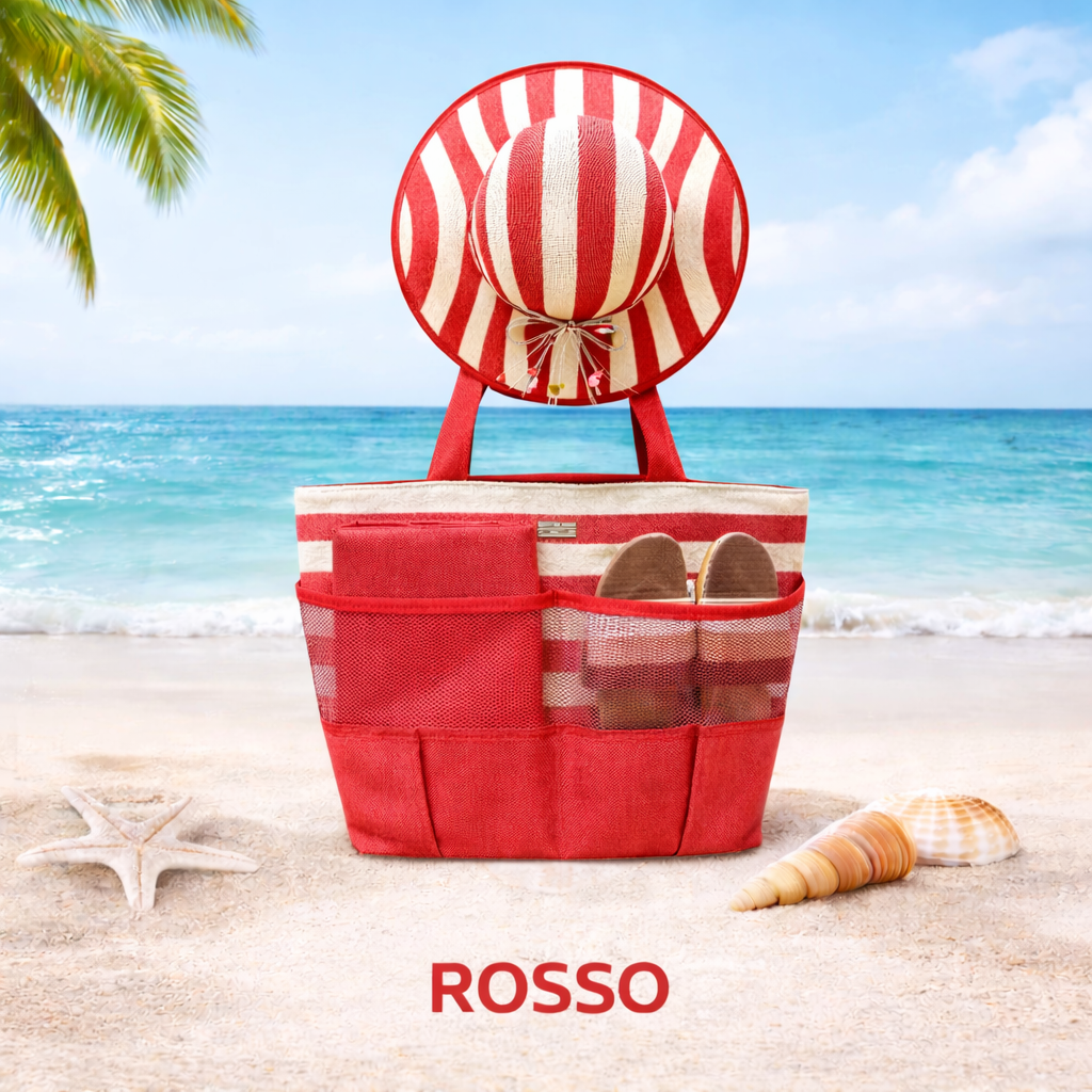 Baci&Abbracci Set 4 pezzi cappello borsa stuoia (71x100) e ciabatte (40-41)