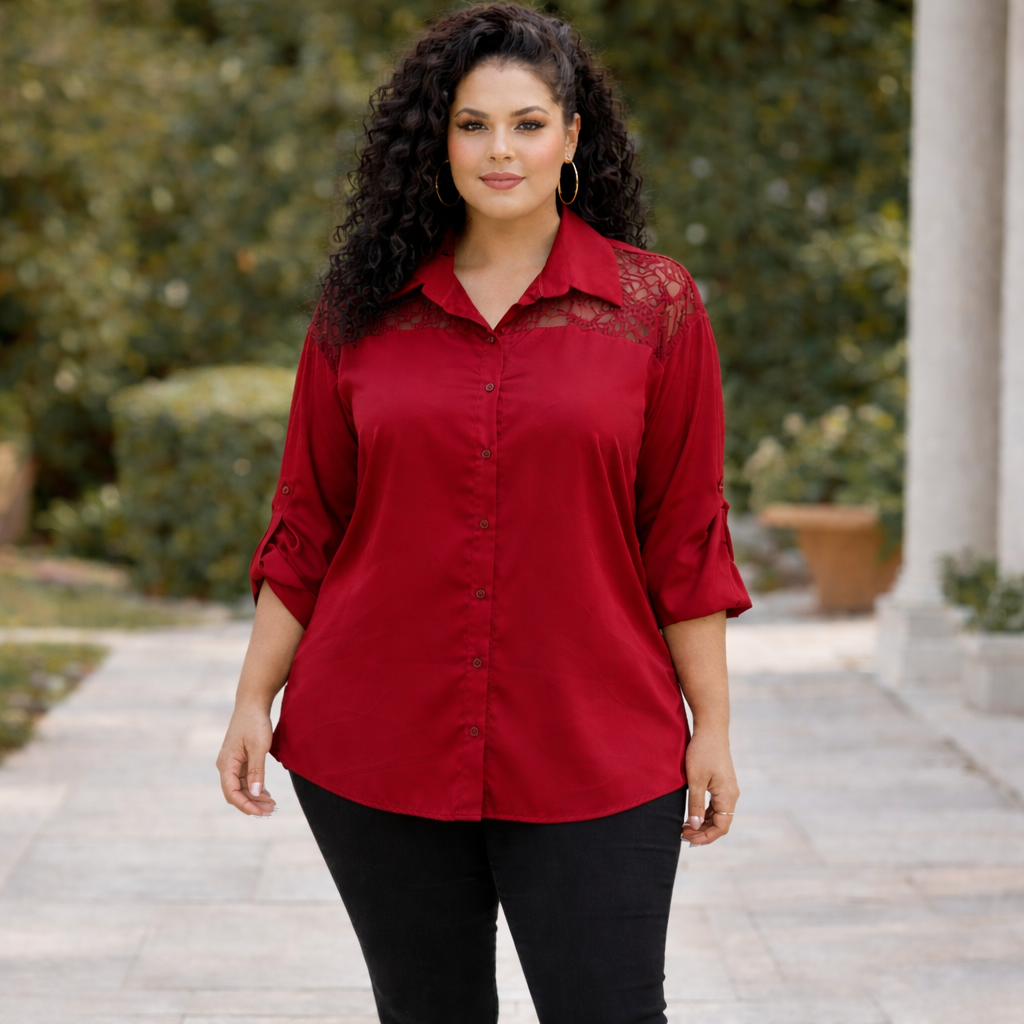 Camicia Curvy in raso con pizzo