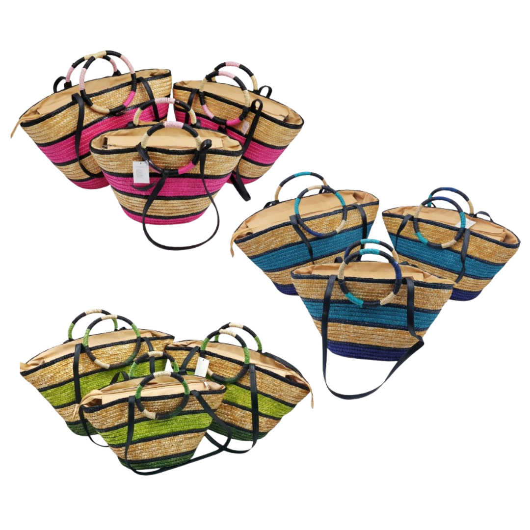 Borsa Mare in Paglia Intrecciata Set 3 Pezzi con Manici Tondi e Tracolla