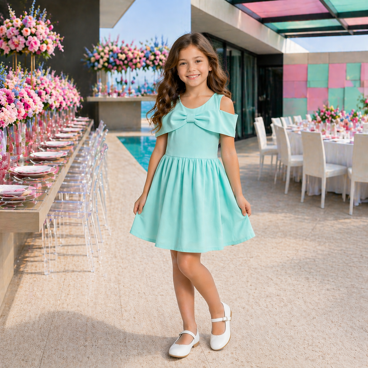 Vestito Elegante Bambina con Spalle Scoperte e Fiocco Frontale