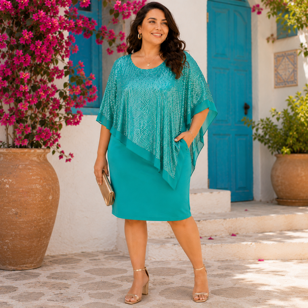 Abito da Cerimonia Donna Curvy con Effetto Glitter