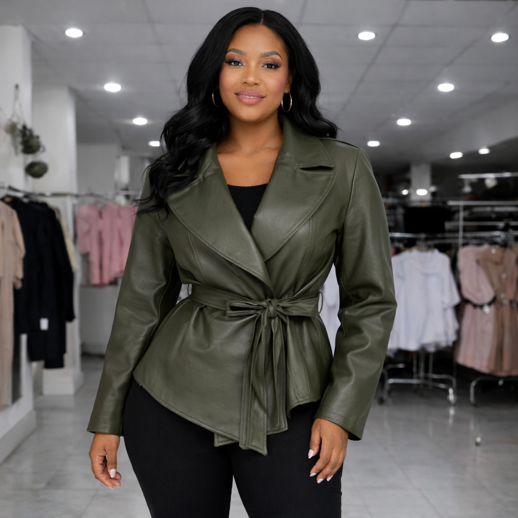 Giacca curvy in ecopelle con cintura