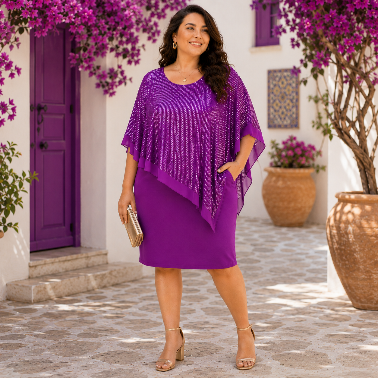 Abito da Cerimonia Donna Curvy con Effetto Glitter