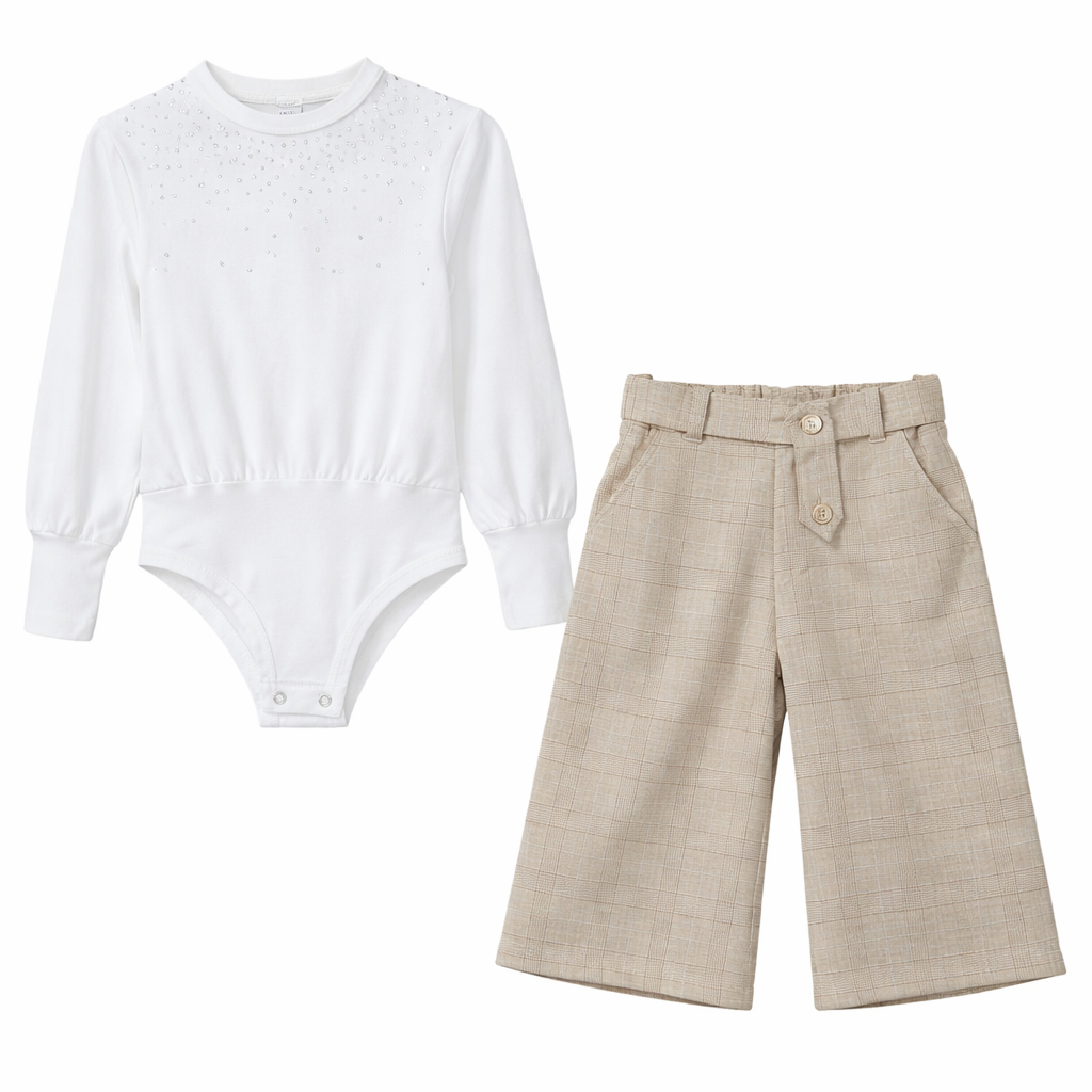 Completo bambina beige con body bianco