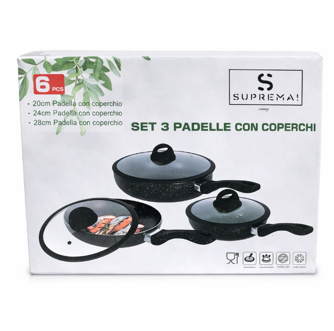 Set 3 Padelle Pietra Lavica Antiaderenti con Coperchi Suprema
