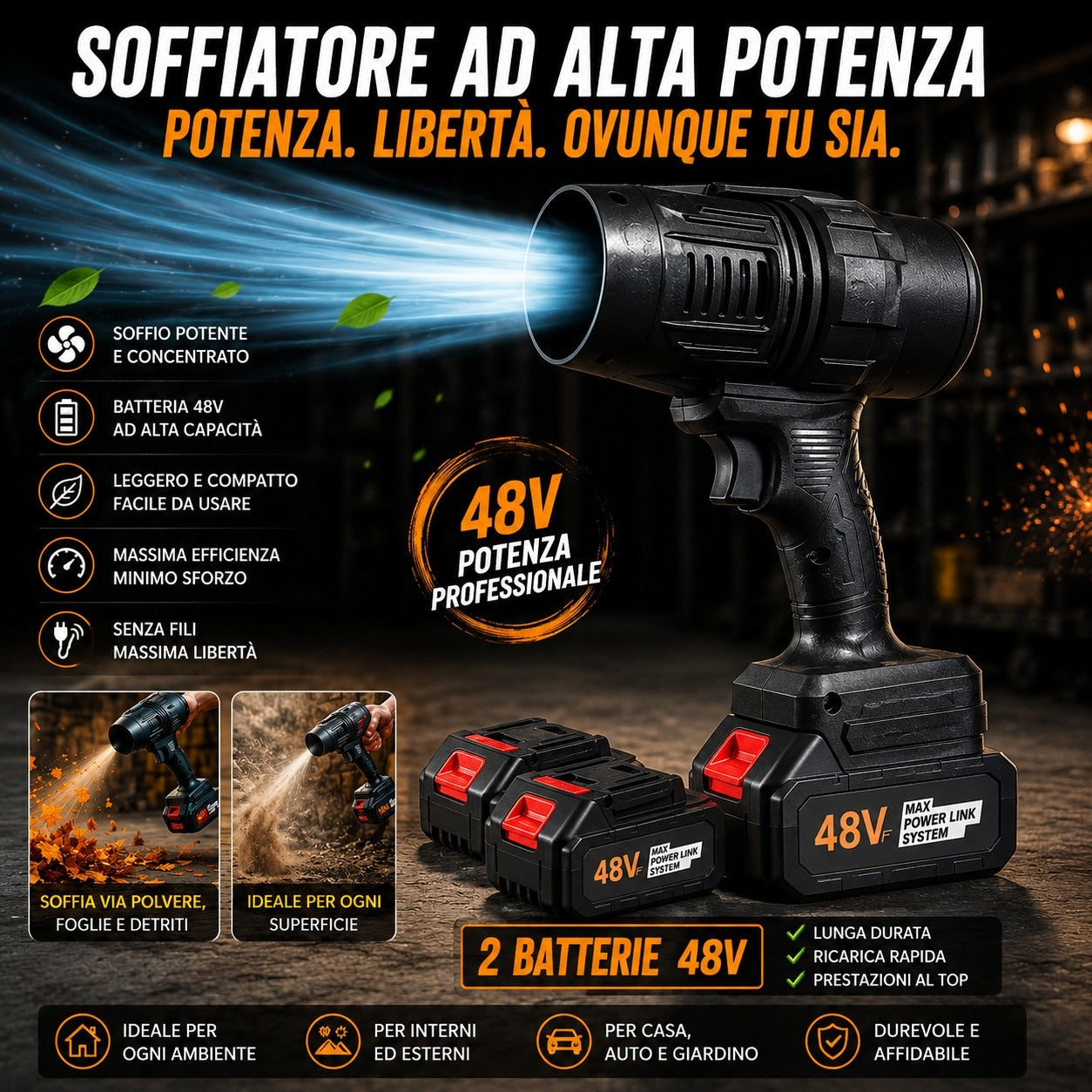 Soffiatore ad Alta Potenza 48V con 2 Batterie