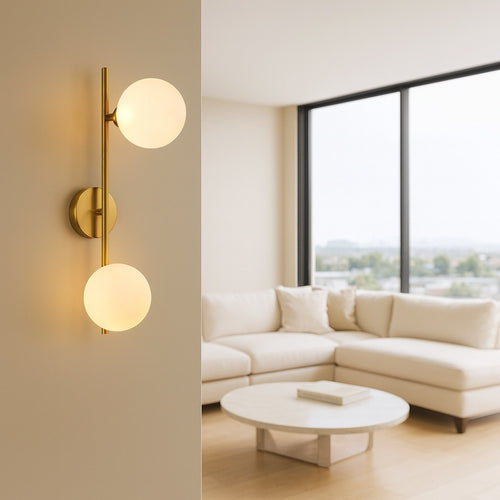 APPLIQUE DA PARETE STRUTTURA IN METALLO BRONZO MINIMAL CON ATTACCO G9 2 SFERE OPACHE AQ41