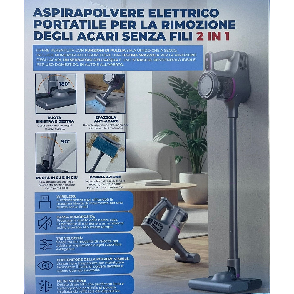 ASPIRAPOLVERE PORTATILE MULTIFUNZIONE SENZA FILI 2IN1 PER ACARI MATERASSI TAPPETI PAVIMENTI