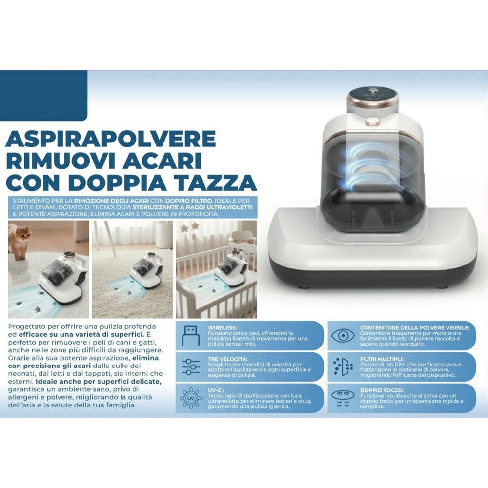 ASPIRAPOLVERE SENZA FILI PORTATILE RIMUOVI ACARI CON DOPΡΡΙΑ TAZZA 3 VELOCITÀ TECNOLOGIA UV-C