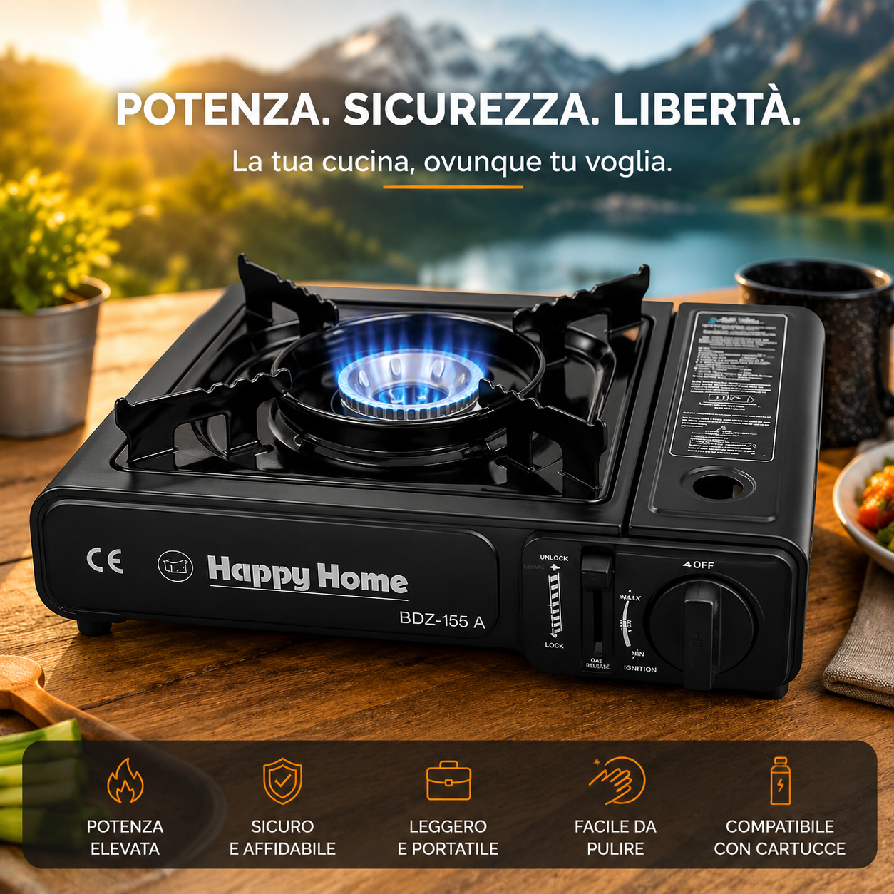 Fornello a Gas Portatile – Compatto, Sicuro e Ideale per Campeggio e Outdoor