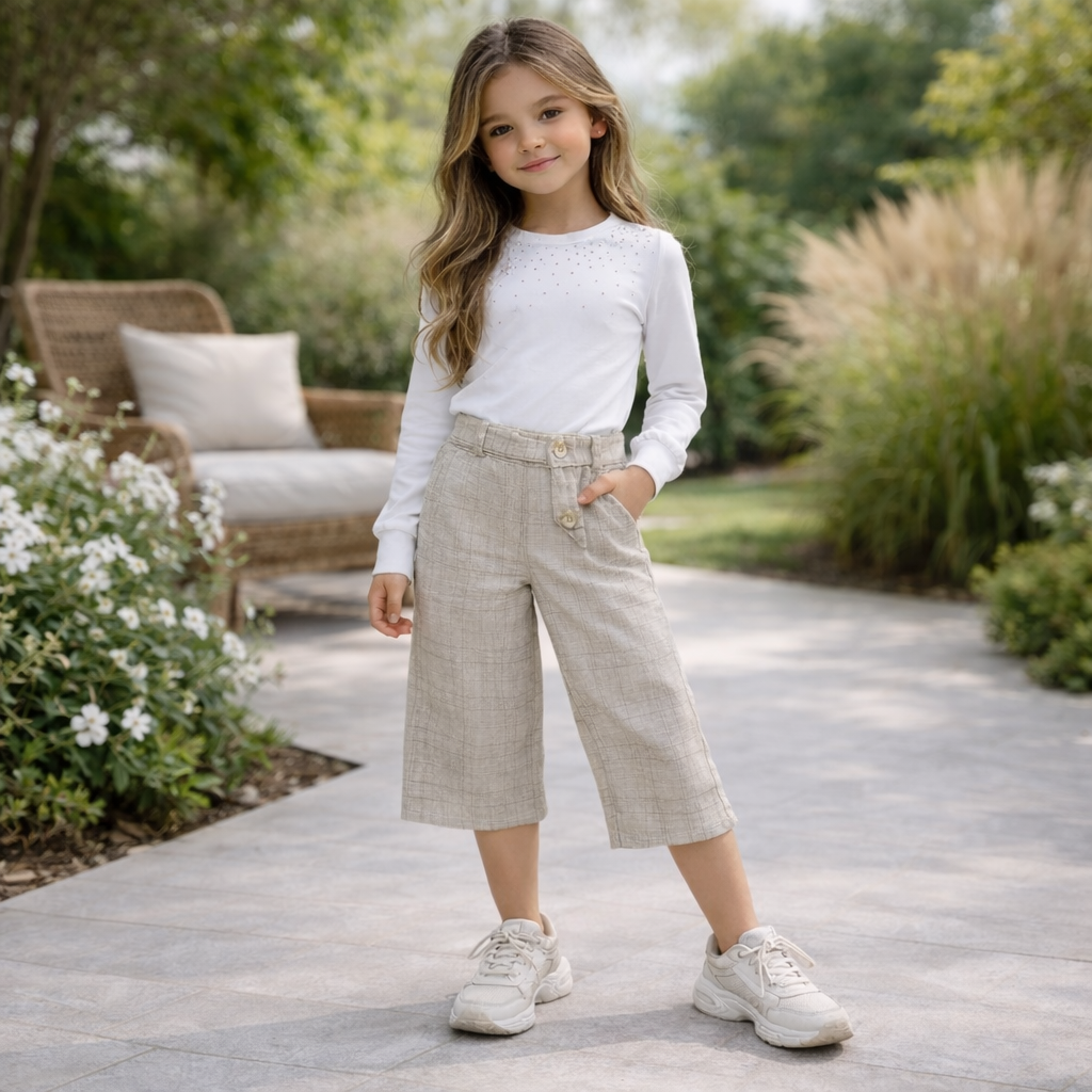 Completo bambina beige con body bianco