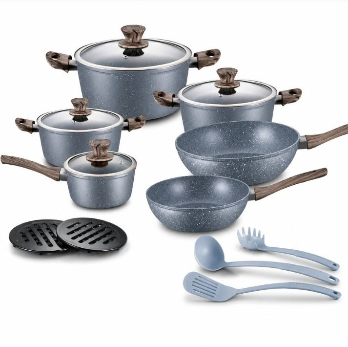 Set Pentole Induzione 15 Pezzi Bavaria Cucina Woodix – Antiaderente Effetto Pietra