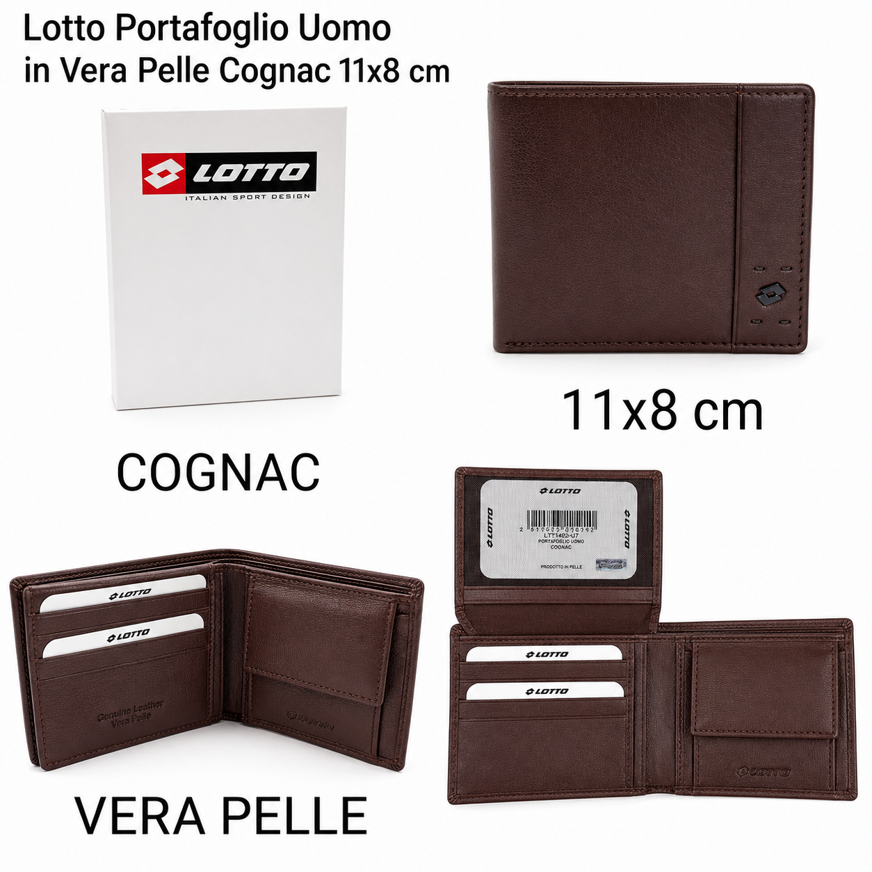 Lotto Portafoglio Uomo in Vera Pelle Cognac 11x8 cm