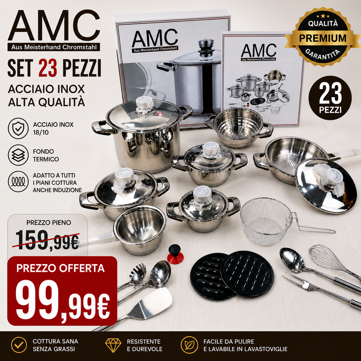 Set Pentole 23 Pezzi in Acciaio Inox AMC