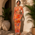 Completo Donna Mesh Elasticizzato Arancio – Top con Rosa e Gonna Drappeggiata