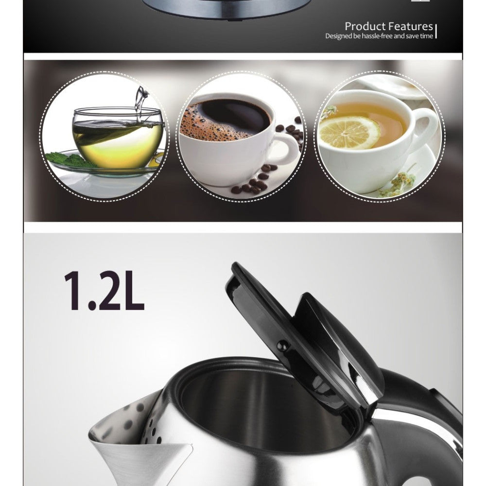 BOLLITORE ELETTRICO A CARAFFA DA 1,2LT IN ACCIAIO INOX PER TE' E INFUSI 1370W