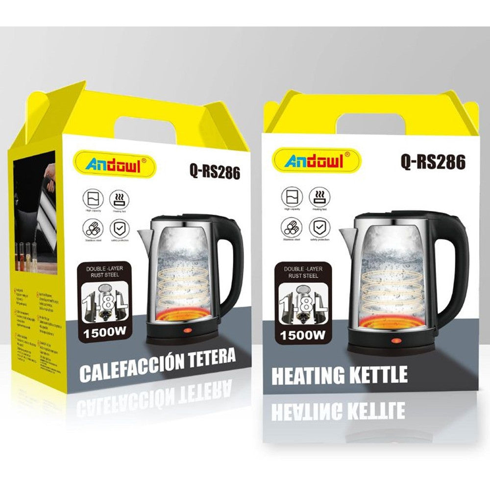 BOLLITORE RISCALDANTE ELETTRICO IN ACCIAIO INOSSIDABILE CAPACITÀ 1,8 LT 1500 W Q-RS286