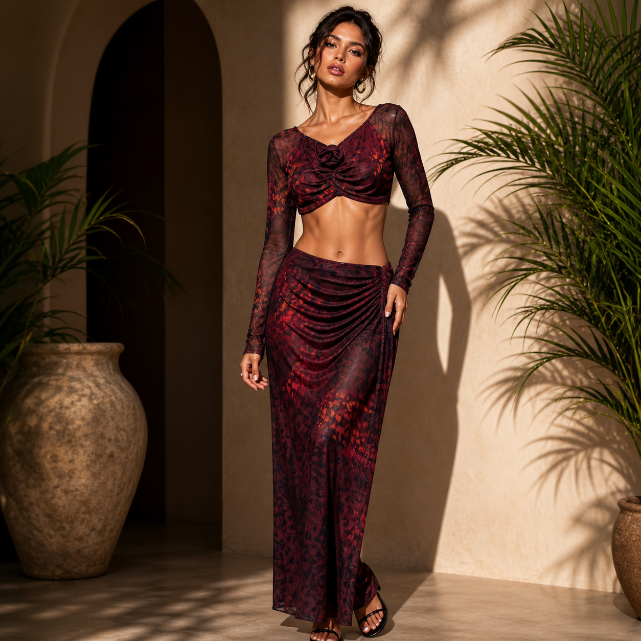 Completo Donna Mesh Bordeaux Fantasia – Top con Rosa e Gonna Drappeggiata