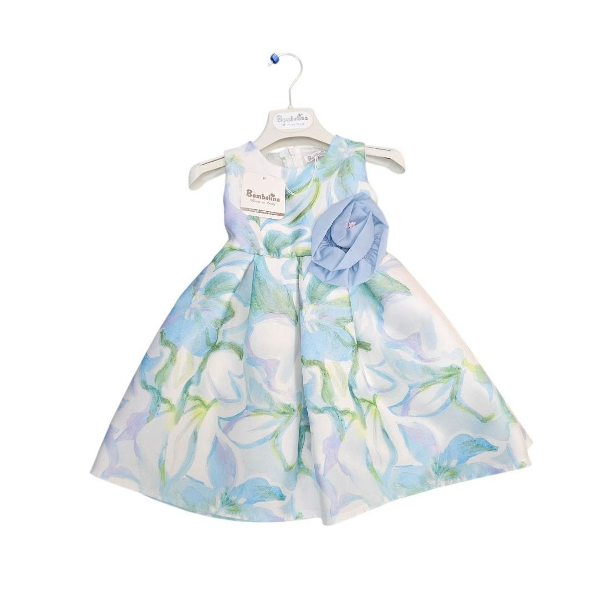 Abito elegante Bambolina fantasia floreale azzurro/verde con fiore applicato