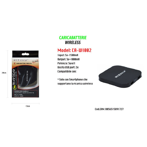CARICATORE WIFI RICARICA WIRELESS SMARTPHONE PORTATILE 5V-1500MA MAXTECH CA-WI002