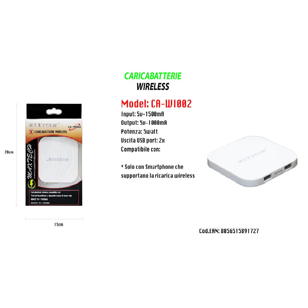 CARICATORE WIFI RICARICA WIRELESS SMARTPHONE PORTATILE 5V-1500MA MAXTECH CA-WI002