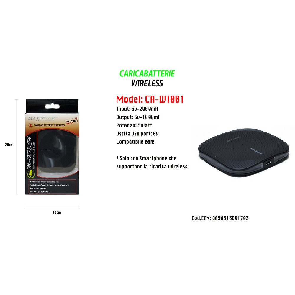 CARICATORE WIFI WIRELESS RICARICA PORTATILE SMARTPHONE 5V-2000MA MAXTECH CA-WI001
