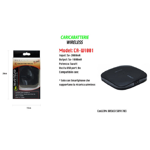 CARICATORE WIFI WIRELESS RICARICA PORTATILE SMARTPHONE 5V-2000MA MAXTECH CA-WI001
