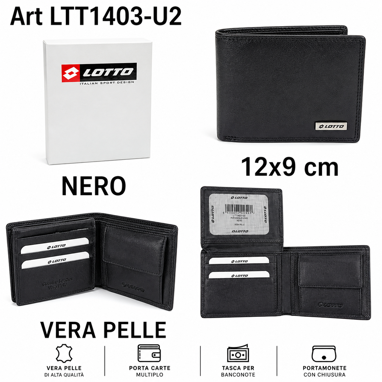 Portafoglio Uomo Vera Pelle Nero 12×9 cm con Porta Documenti