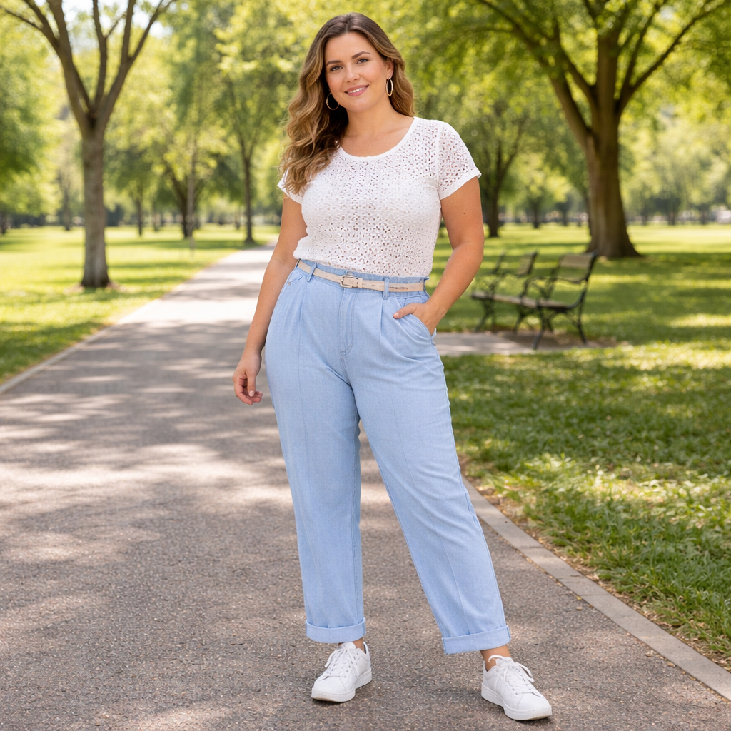 Pantaloni Denim Curvy con piega frontale lungo la gamba