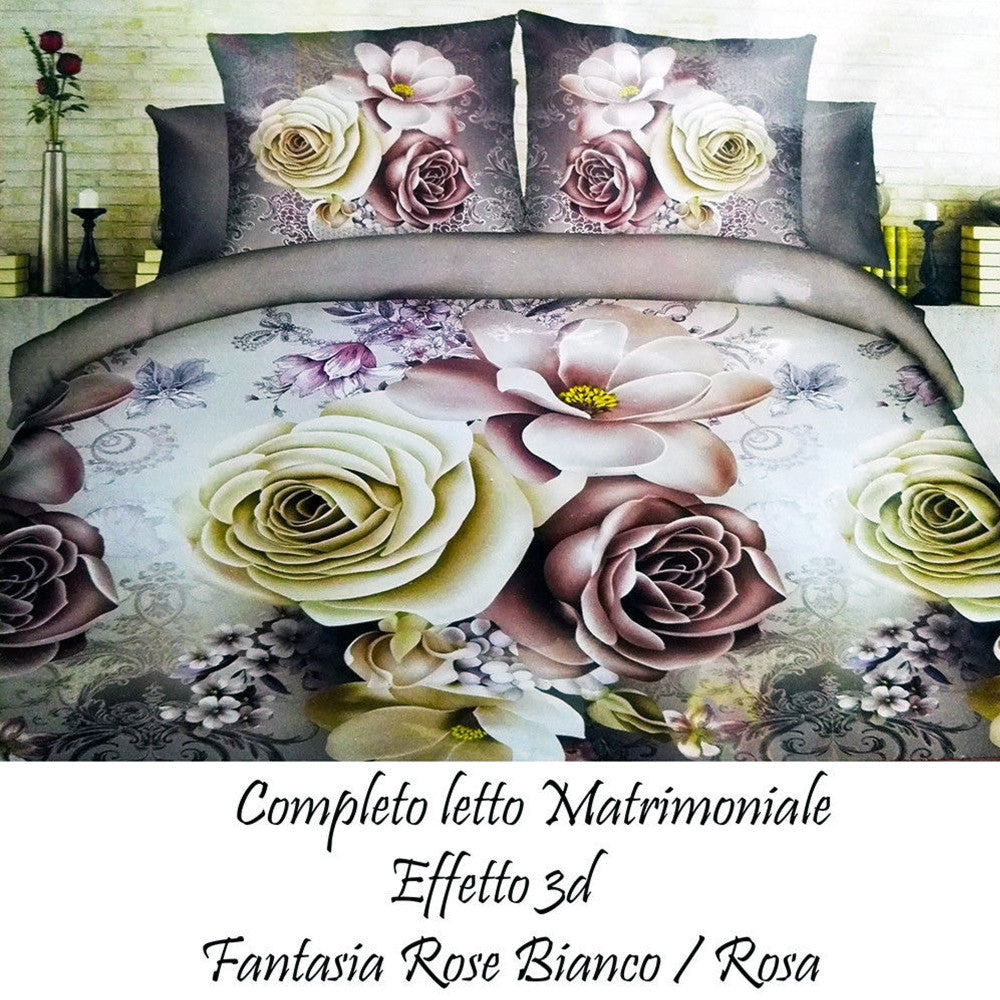 COMPLETO LETTO 3D LENZUOLA MATRIMONIALE SOTTO SOPRA COPRICUSCINI ROSE COLORATE