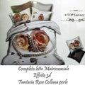 COMPLETO LETTO 3D LENZUOLA MATRIMONIALE SOTTO SOPRA COPRICUSCINI ROSE CON PERLE