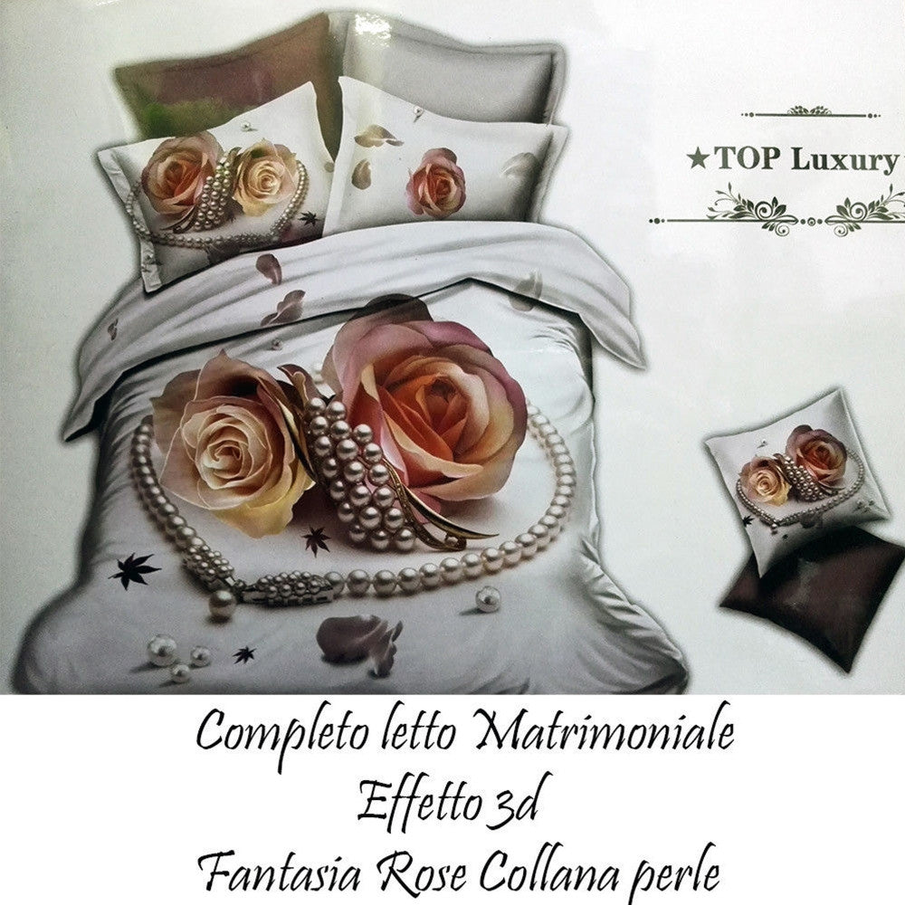 COMPLETO LETTO 3D LENZUOLA MATRIMONIALE SOTTO SOPRA COPRICUSCINI ROSE CON PERLE