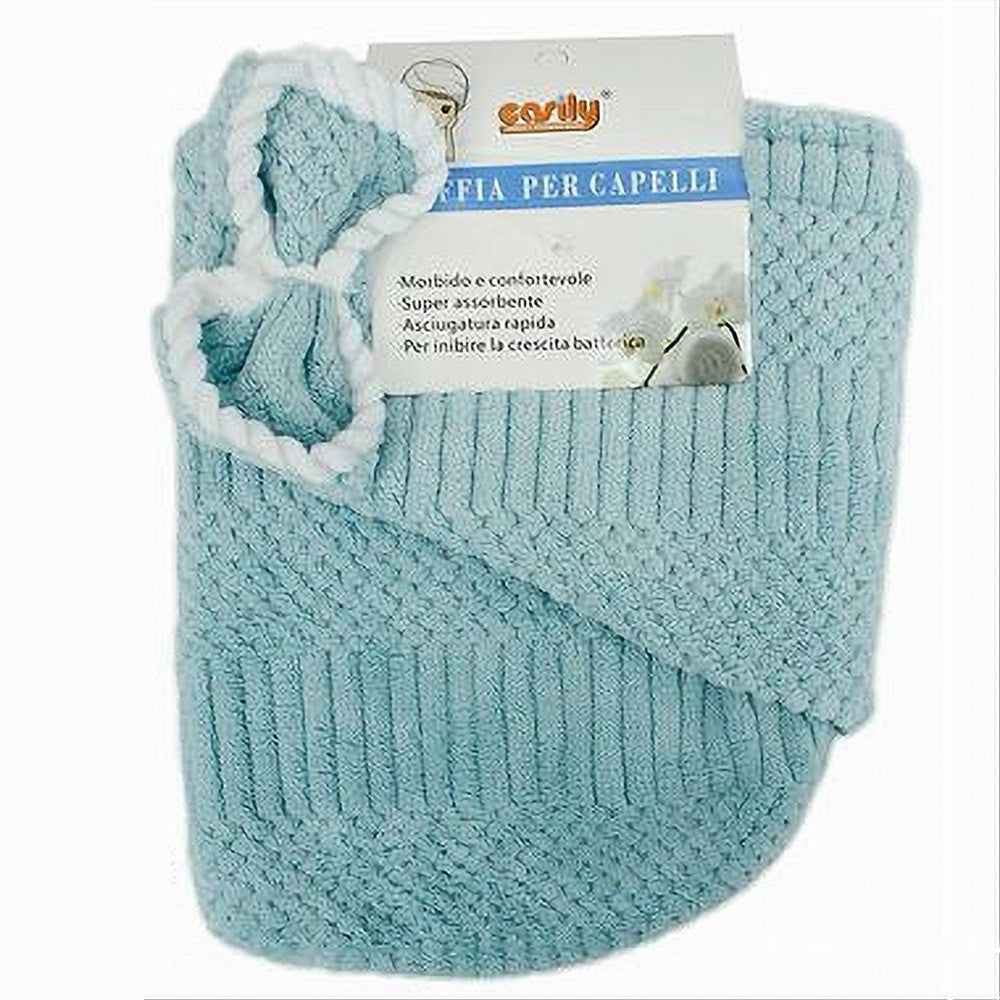 CUFFIA ASCIUGAMANO SHAMPOO BAGNO DOCCIA ASCIUGA CAPELLI FIOCCHETTO AZZURRO 79634