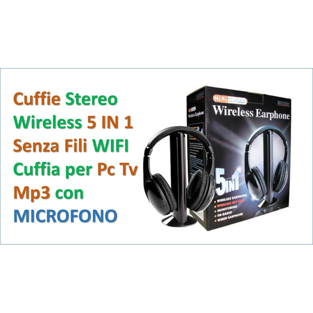 CUFFIA CUFFIE WIRELESS 5 IN 1 SENZA FILI WI-FI MICROFONO RADIO FM